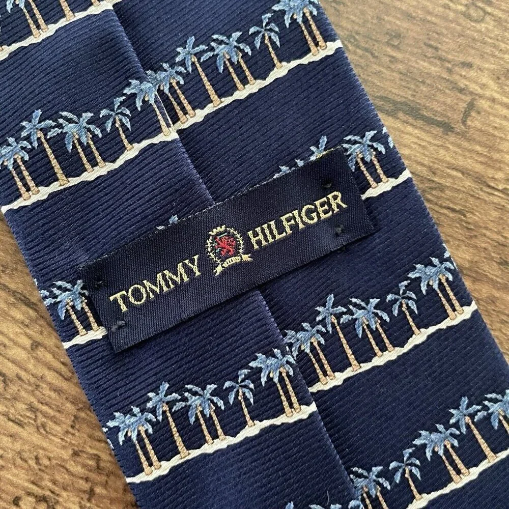 Tommy Bahama Mens Tie Navy Blue Palm Tree Beach Stripe Silk USA Made Necktie